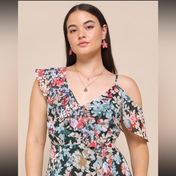 NWT Lulus Radiant Hunter Green Floral Print Chiffon Maxi Dress - Picture 4 of 12